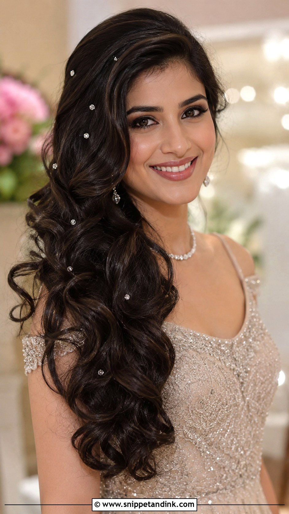 Loose Waterfall Curls With Diamond Pins - Snippet and Ink - 20 Hair Do for Indian Wedding Ideas