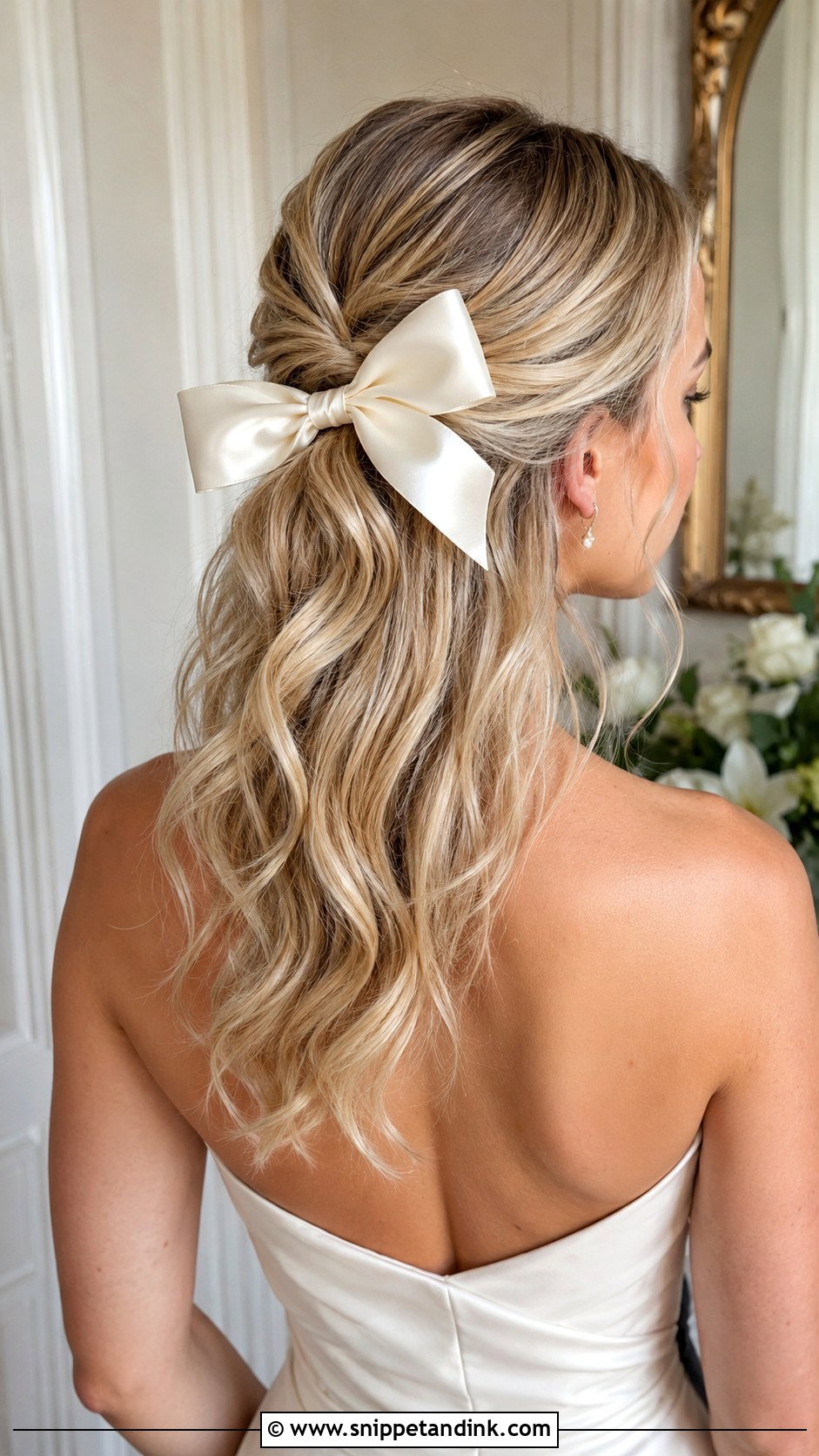 Loose Waves Half Up With Satin Bow - Snippet and Ink - 20 Half-Up Half-Down Wedding Hair with Bow Ideas