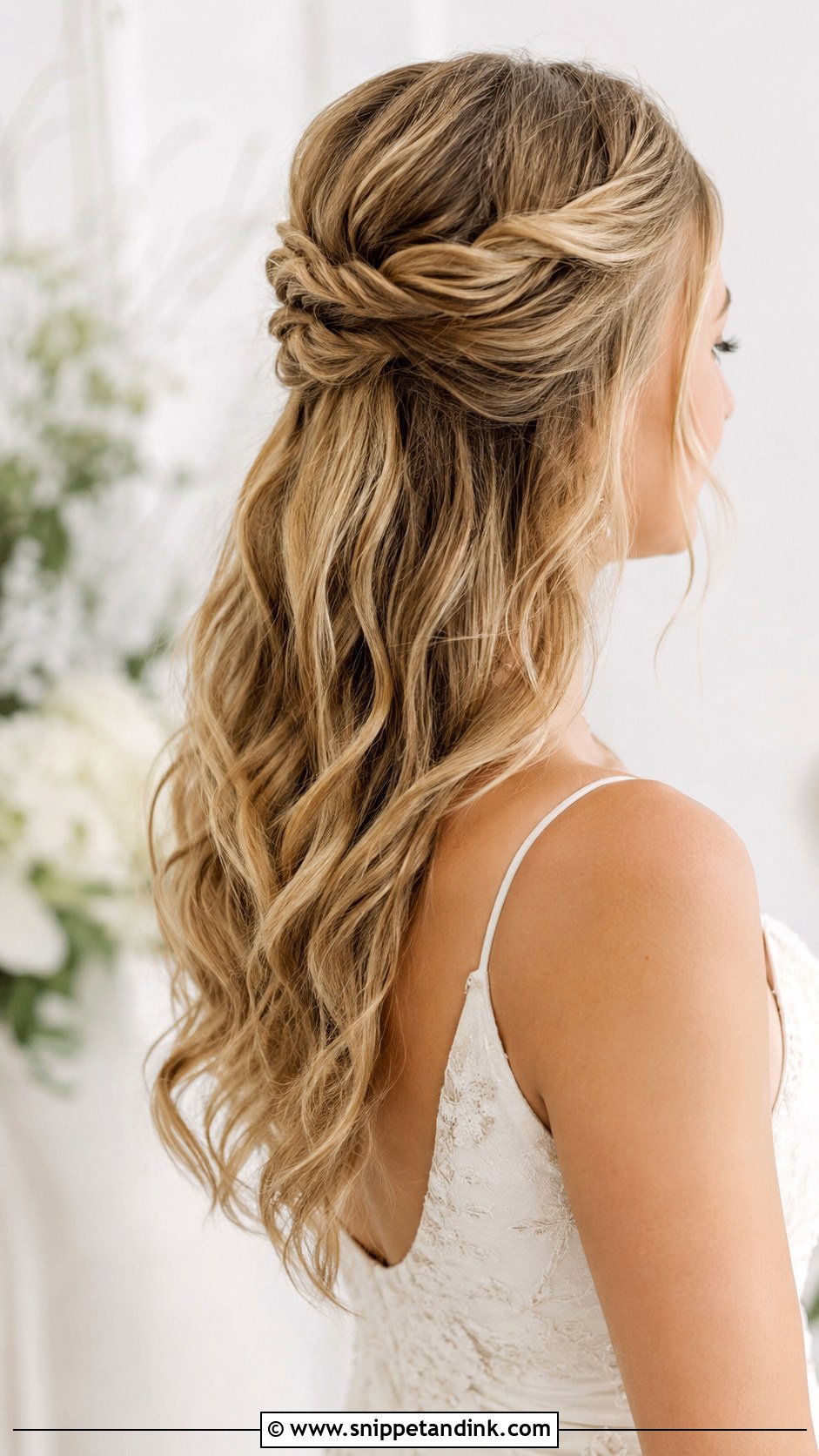 Loose Waves Half Up With Twisted Crown - Snippet and Ink - 25 Loose Half-Up Half-Down Wedding Hair Ideas