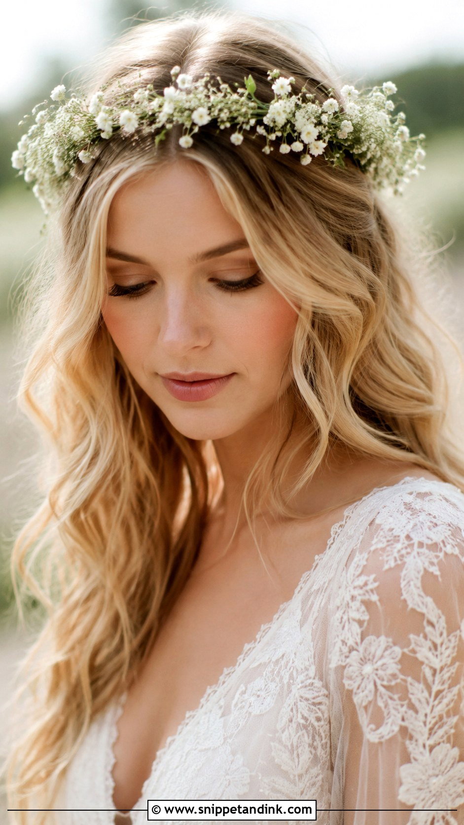 Loose Waves With A Flower Crown - Snippet and Ink - 30 Hair Down Wedding Styles