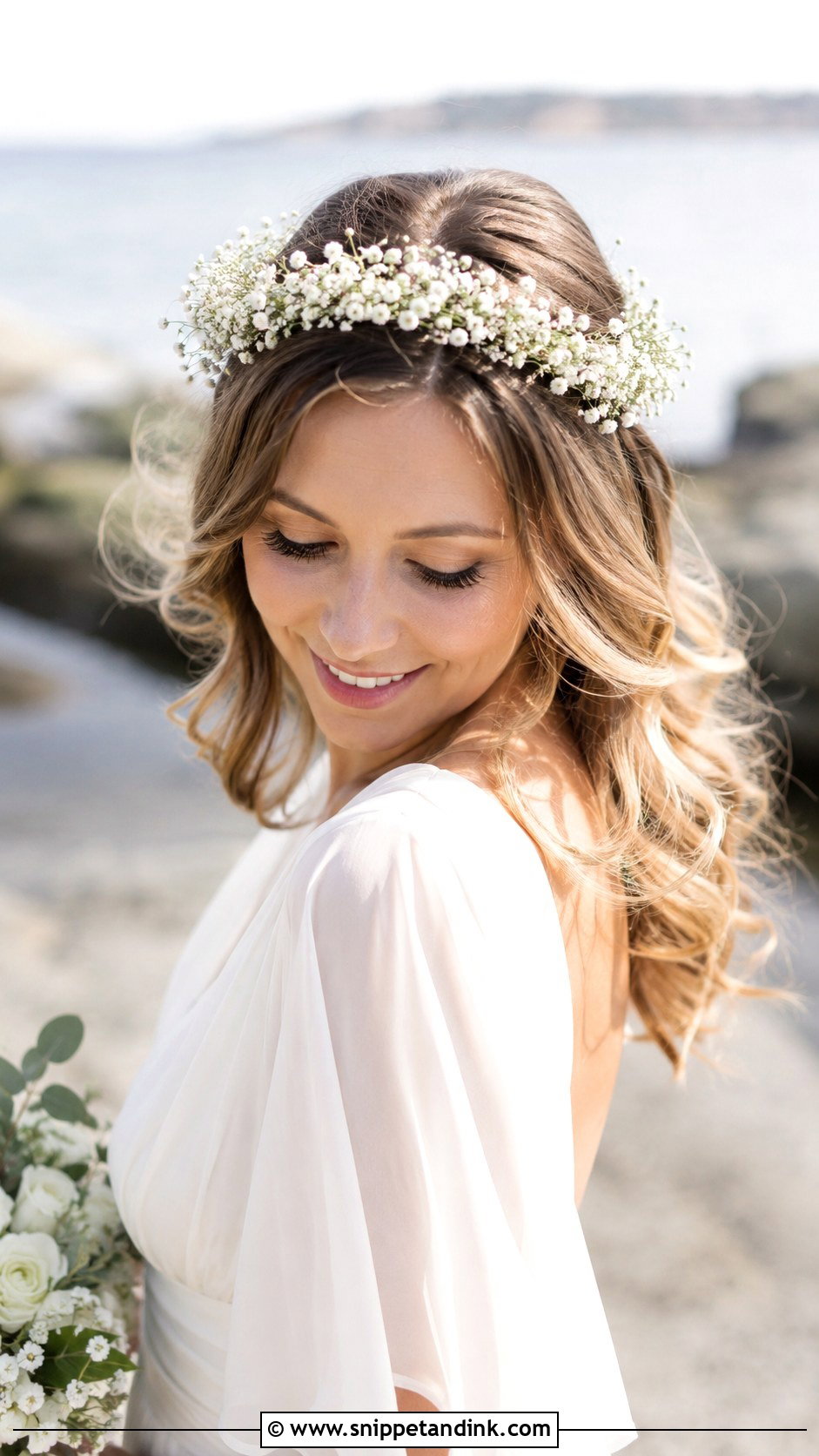 Loose Waves With Babys Breath Crown - Snippet and Ink - 20 Bridal Hair with Flower Crown Ideas