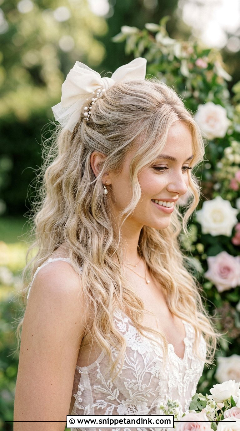 Loose Waves With Crown Bow - Snippet and Ink - 20 Bridal Hair with Bow Ideas