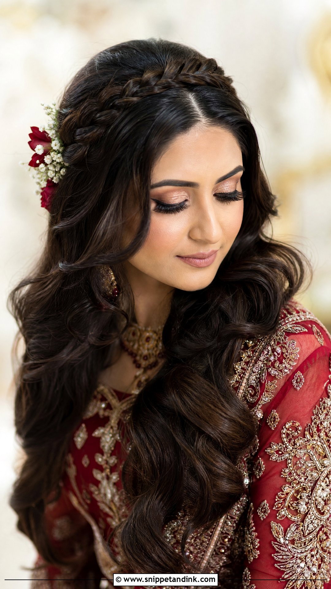 Loose Waves With Crown Braid - Snippet and Ink - 20 Pakistani Baraat Hairstyles