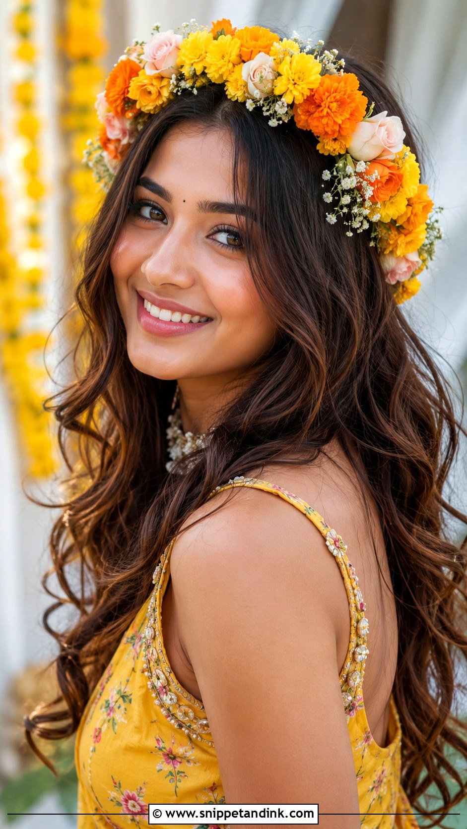 Loose Waves With Floral Crown - Snippet and Ink - 25 Haldi Ceremony Hairstyle for Bride Ideas