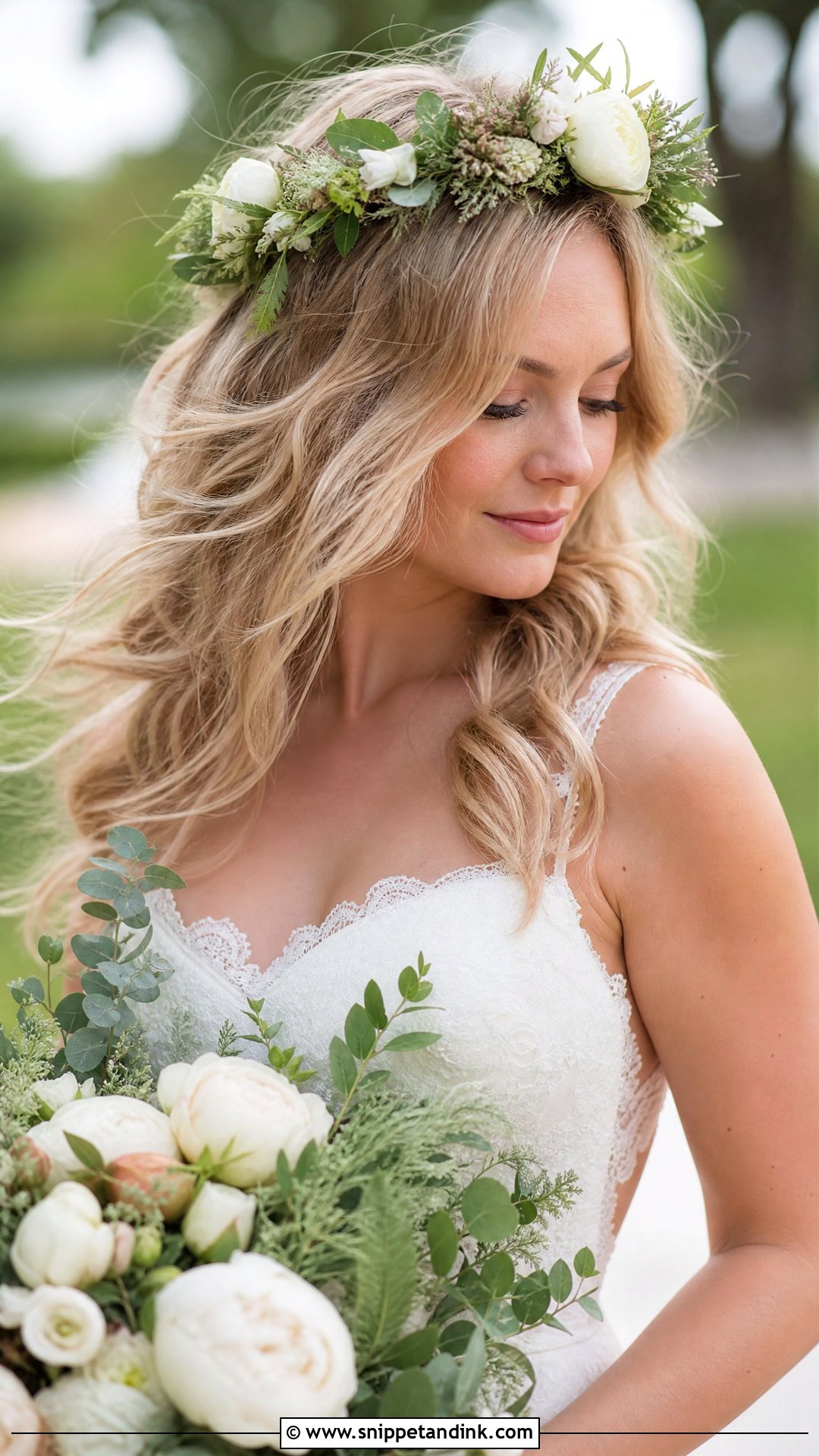Loose Waves With Floral Crown - Snippet and Ink - 20 Bridal Crown Hairstyles