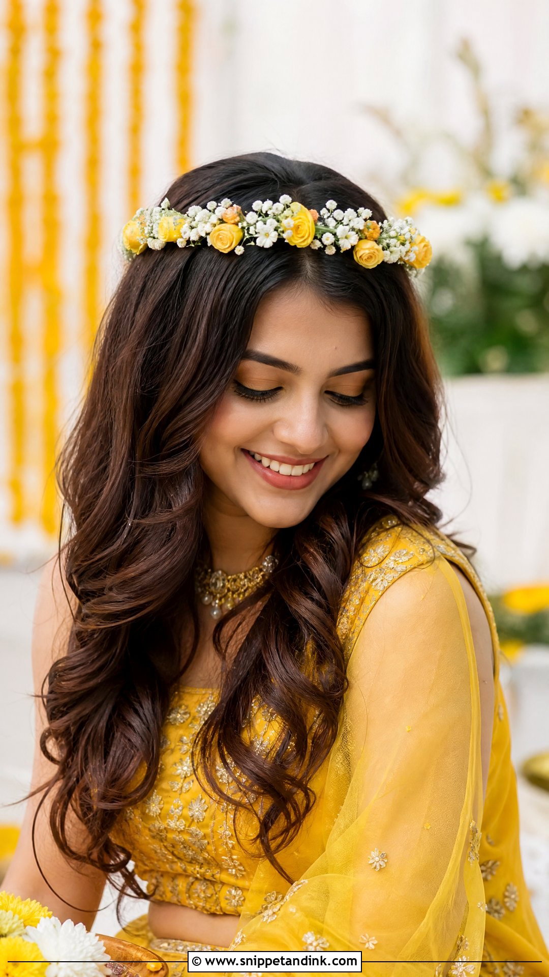 Loose Waves With Floral Hairband - Snippet and Ink - 20 Traditional Indian Wedding Hairstyles