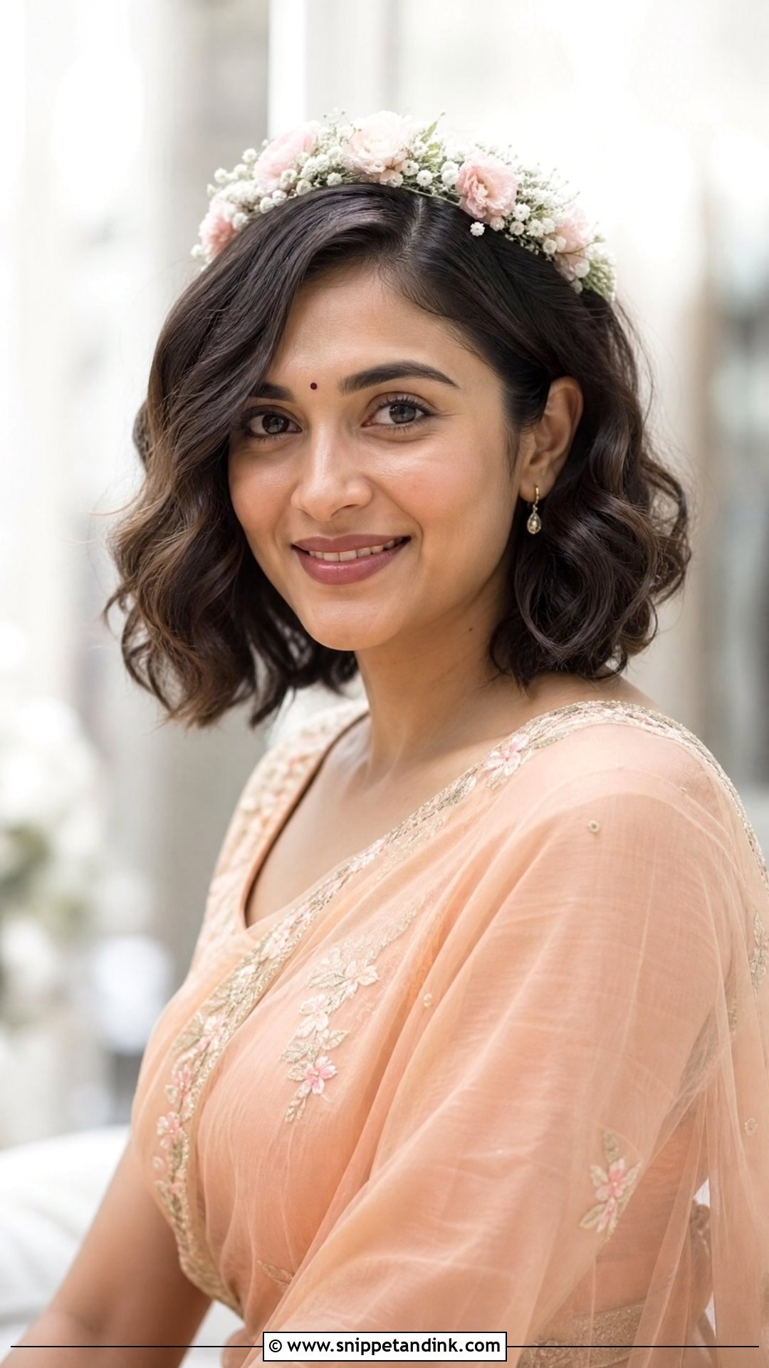 Loose Waves With Floral Headband - Snippet and Ink - 20 South Indian Wedding Hairstyles for Short Hair