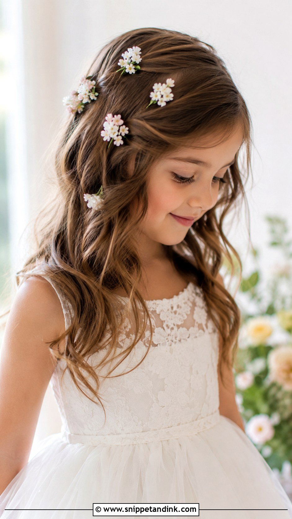 Loose Waves With Floral Pins - Snippet and Ink - 25 Childrens Wedding Hair Ideas