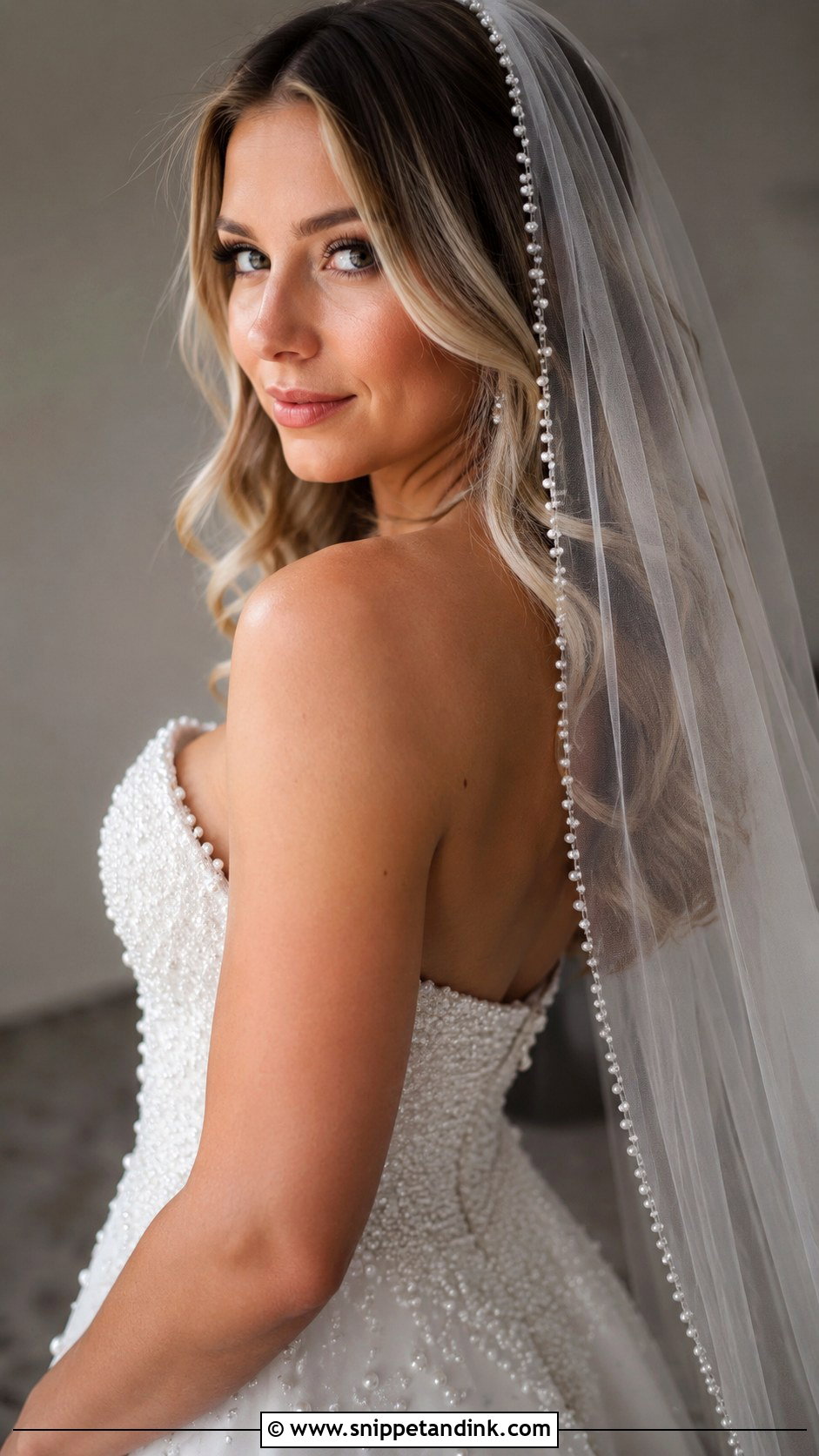 Loose Waves With Pearl Trimmed Veil - Snippet and Ink - 25 Hair Down with Veil Ideas