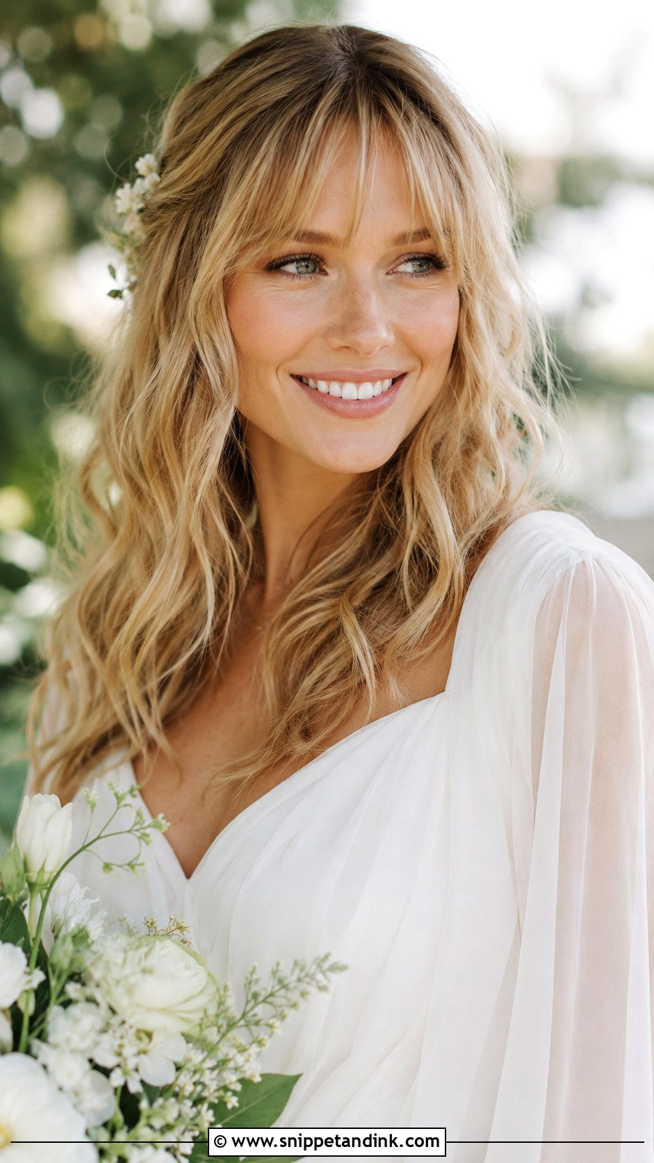 Loose Waves With Wispy Bangs - Snippet and Ink - 20 Bridal Hairstyle for Big Forehead Ideas