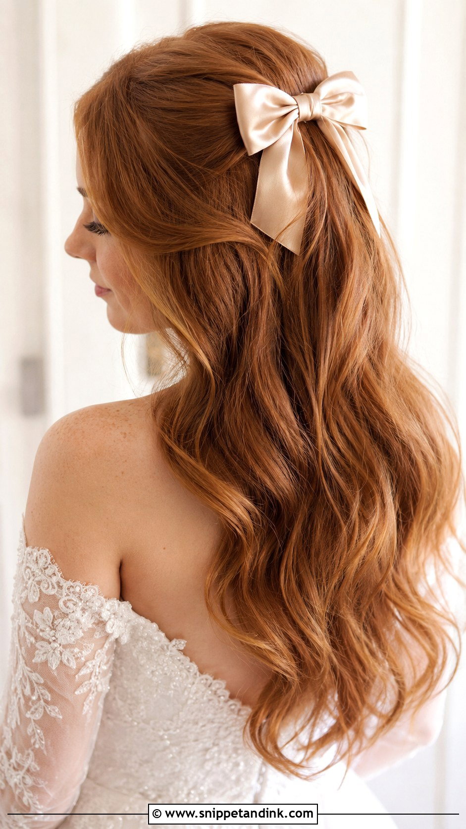 Loose Waves With a Champagne Bow - Snippet and Ink - 20 Wedding Hair with Bow Ideas