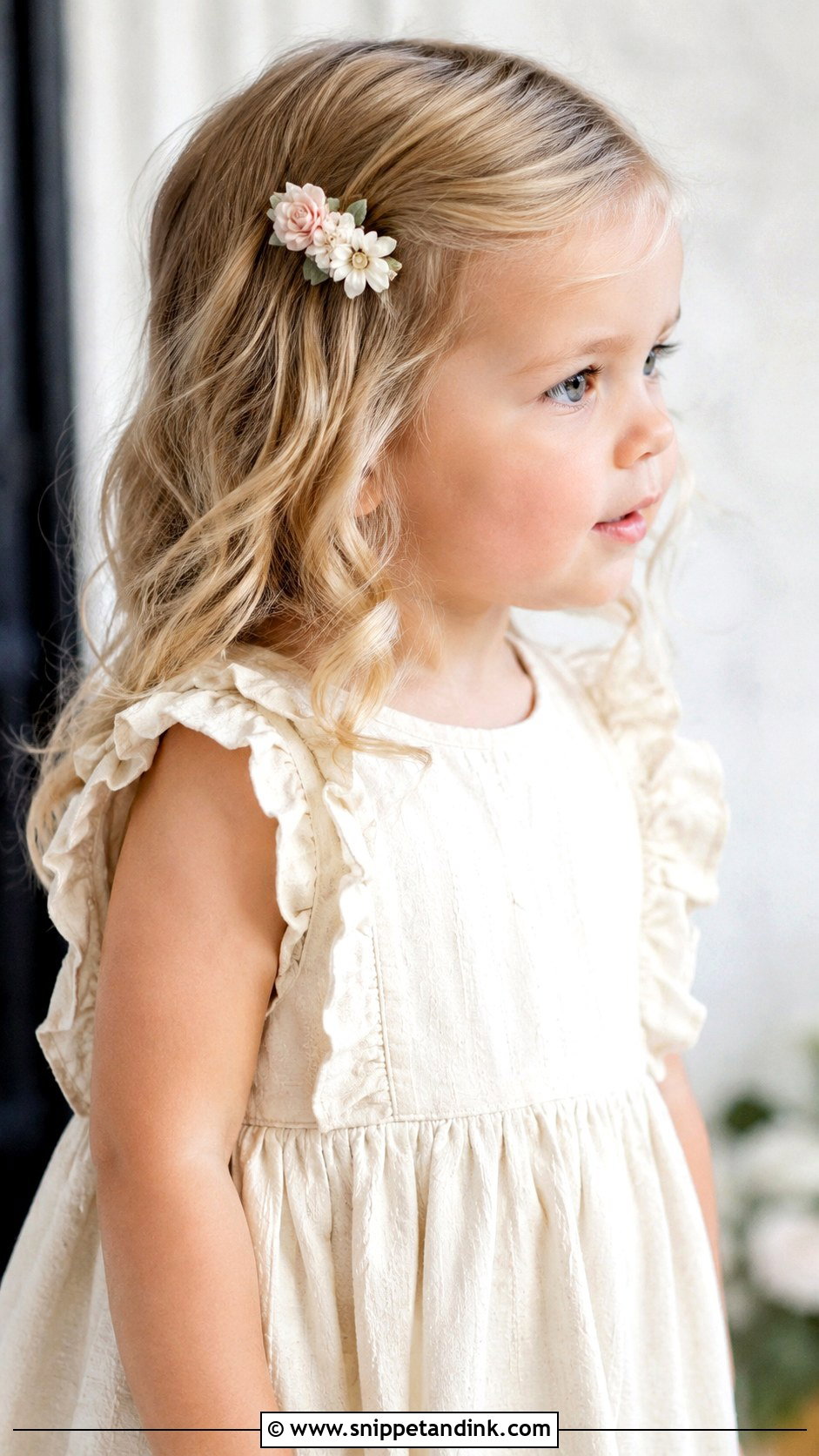 Loose Waves With a Floral Clip - Snippet and Ink - 20 Toddler Hair for Wedding Ideas