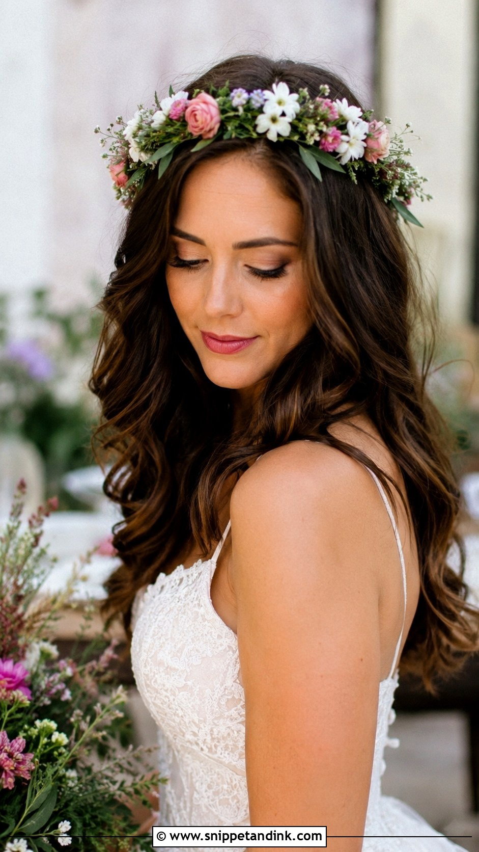 Loose Waves With a Floral Crown - Snippet and Ink - 25 Wedding Hair Brunette Ideas