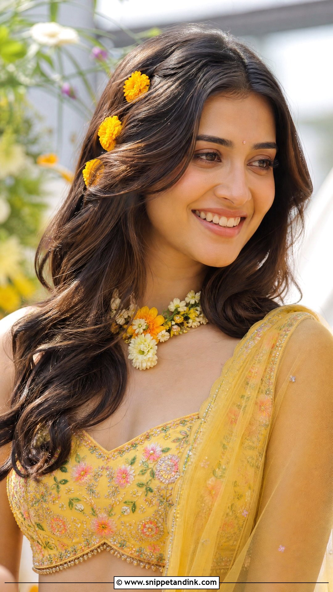 Loose Wavy Open Hair With Marigold Flowers - Snippet and Ink - 20 Hairstyle for Haldi Bride Ideas