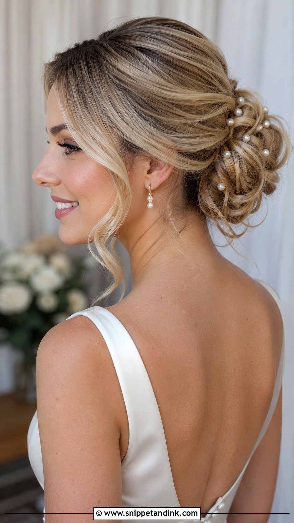 Loose Wedding Bun With Pearl Pins - Snippet and Ink - 20 Loose Wedding Bun Ideas