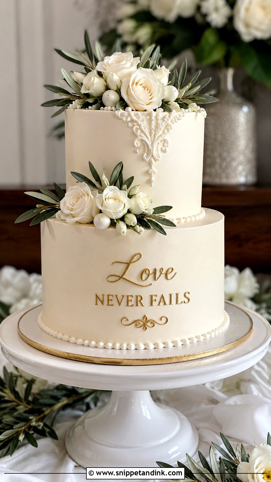 Love Never Fails Wedding Cake - Snippet and Ink - 20 Quote Cake Ideas for Wedding