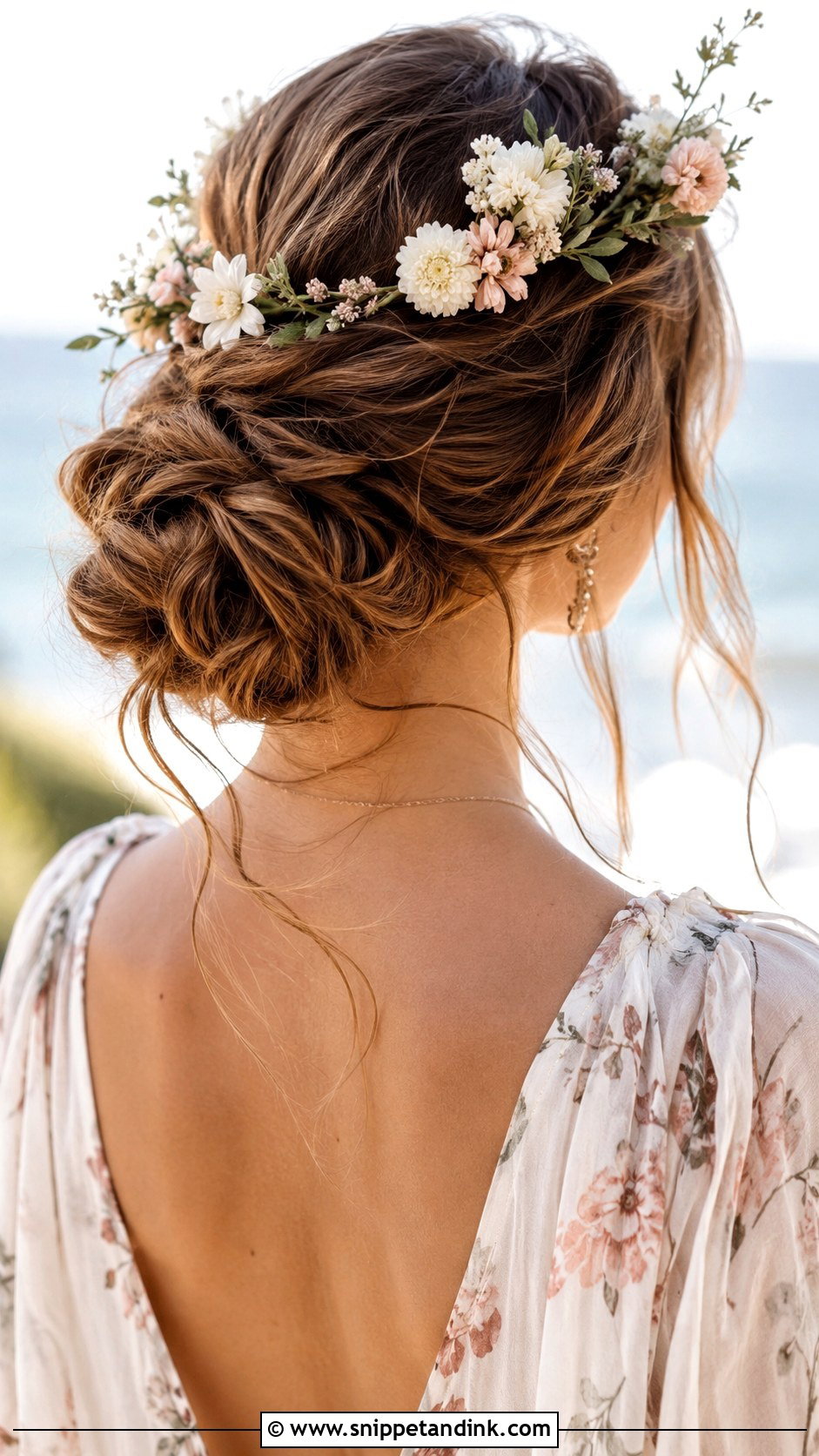 Low Bohemian Bun With Loose Strands - Snippet and Ink - 20 Low Up Do Wedding Hair Ideas
