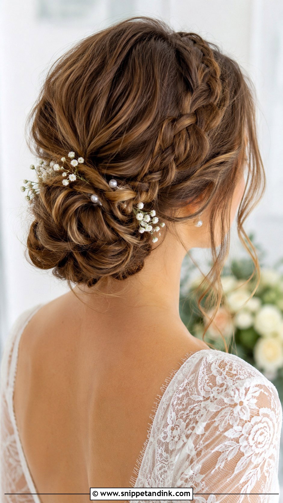 Low Braided Bun Wedding Style - Snippet and Ink - 30 Loose Updo Wedding Ideas