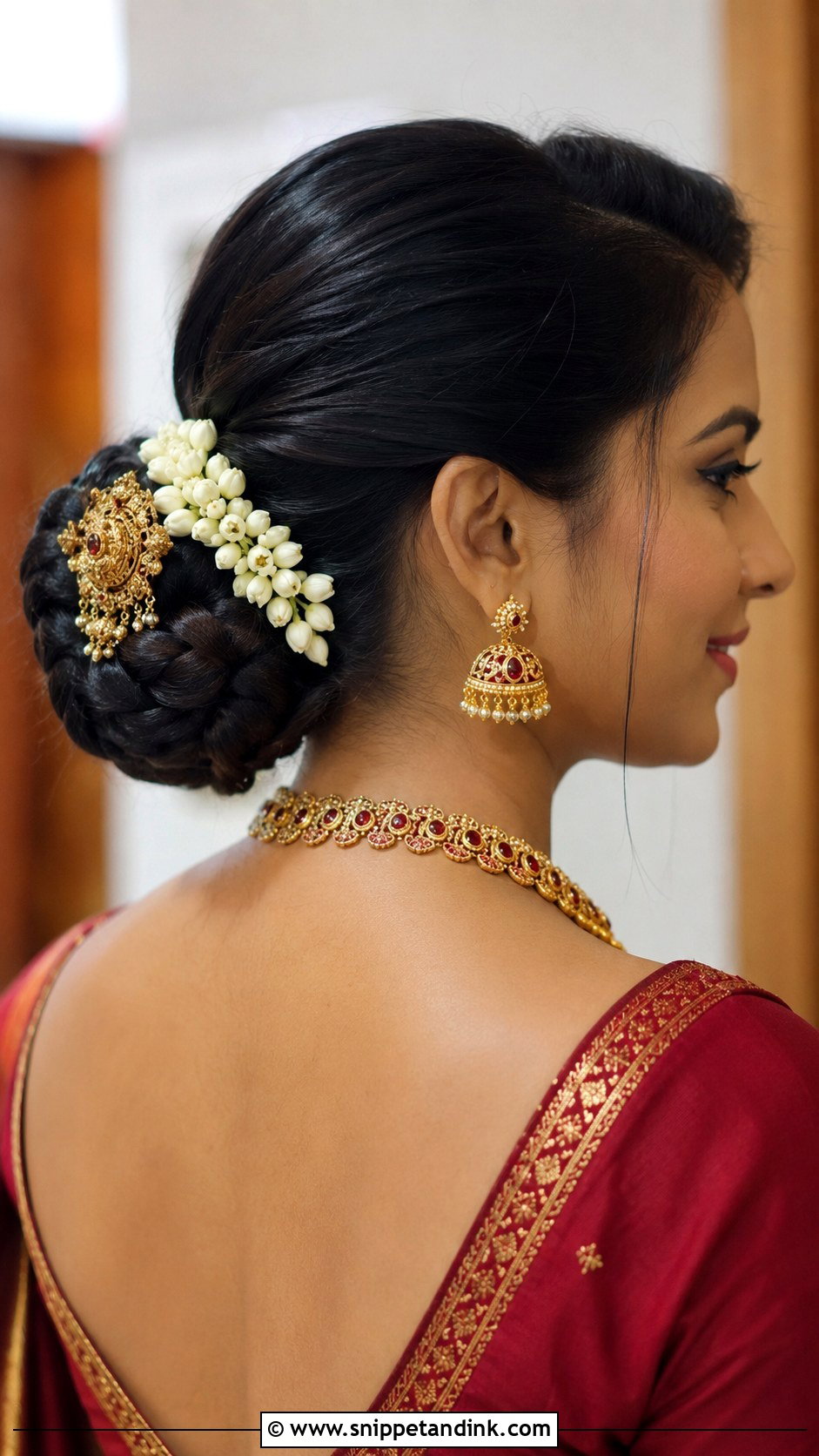 Low Braided Bun With Gold Accessories - Snippet and Ink - 25 South Indian Wedding Braids Hairstyles