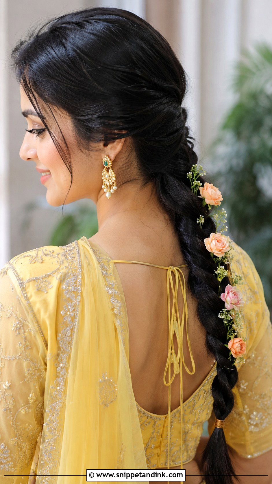 Low Braided Ponytail With Roses - Snippet and Ink - 20 Haldi Braid Hairstyles for Bride