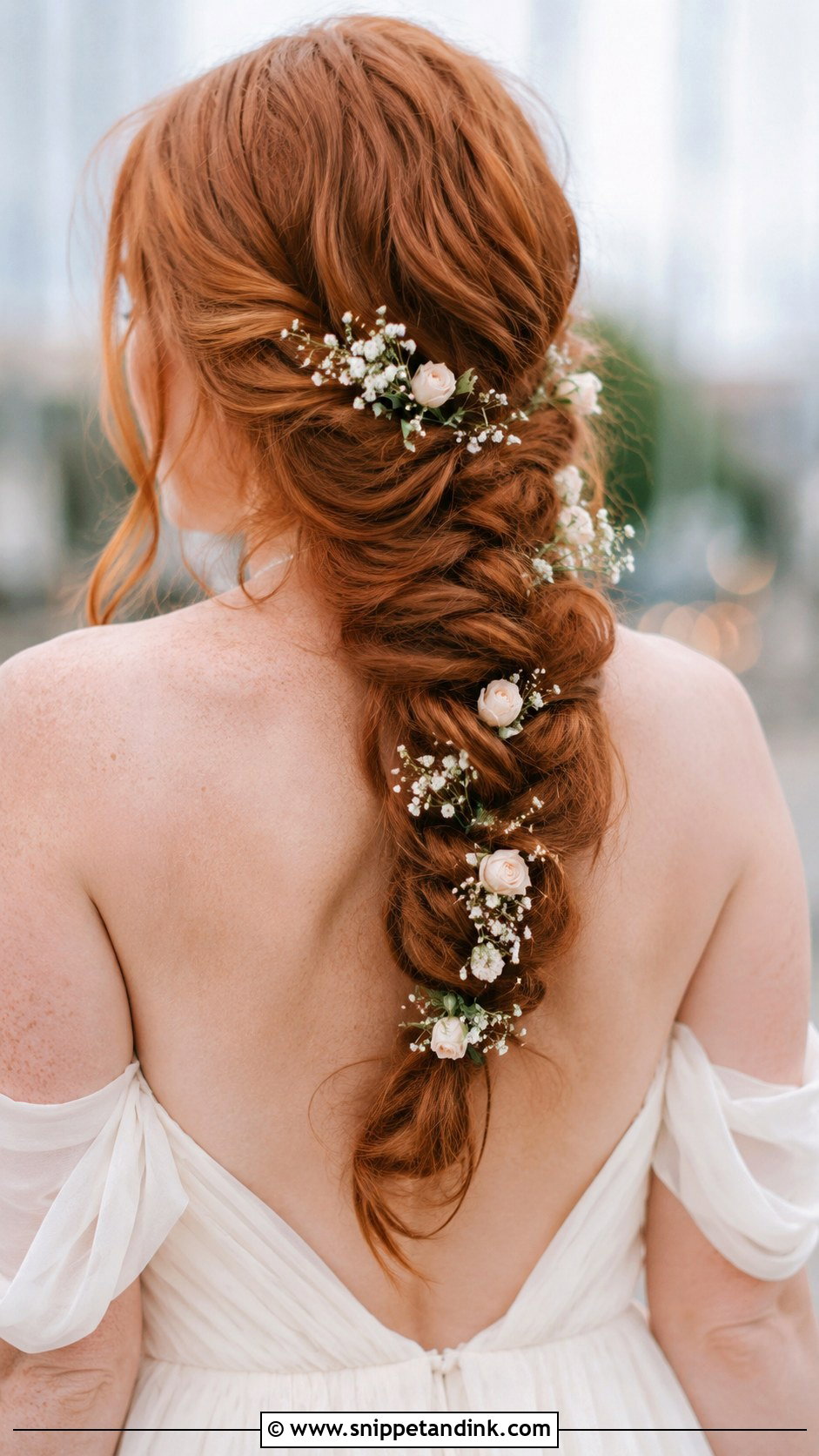 Low Braided Ponytail with Flowers - Snippet and Ink - 30 Bridal Ponytail Hairstyles
