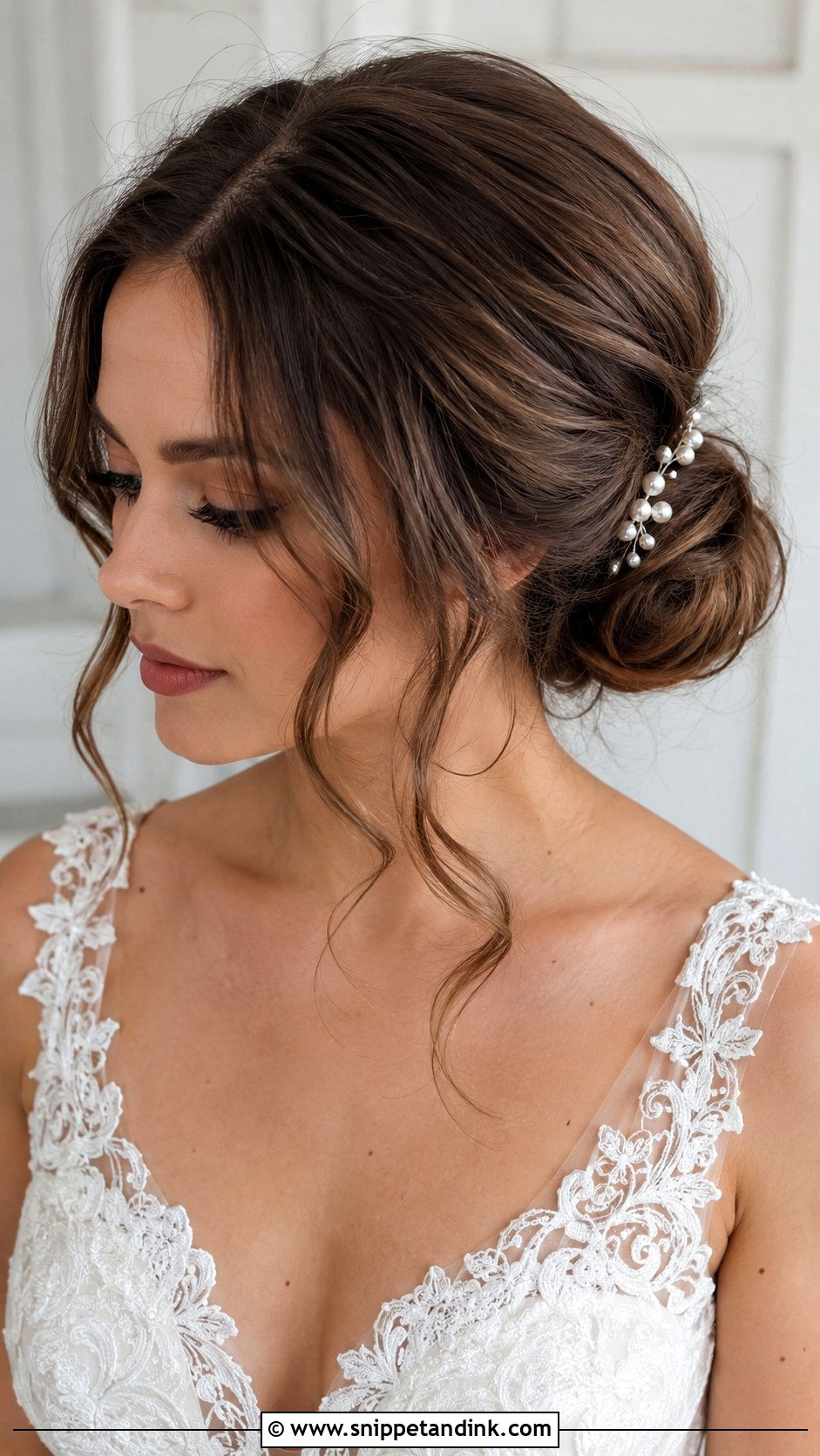 Low Bridal Bun With Face Framing Pieces - Snippet and Ink - 15 Long Face Bridal Hairstyles