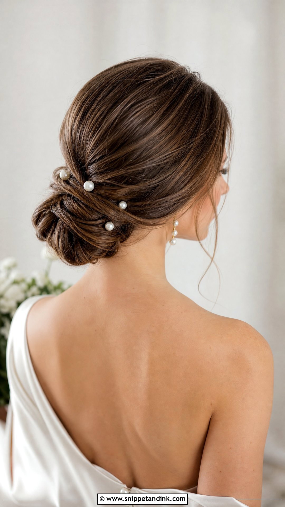 Low Bridal Chignon With Pearls - Snippet and Ink - 15 Bridal Updo with Pearls Ideas