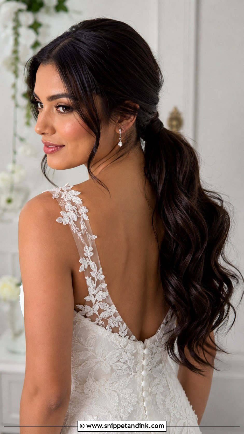 Low Bridal Ponytail With Waves - Snippet and Ink - 20 Clean Bridal Hair Ideas