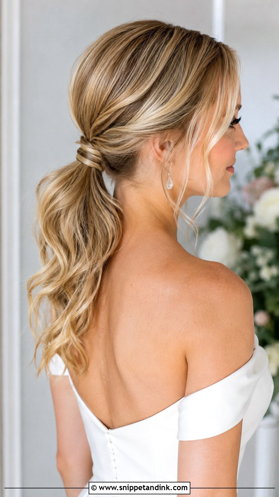 Low Bridal Ponytail With Waves - Snippet and Ink - 20 Bridal Hair Pony Ideas