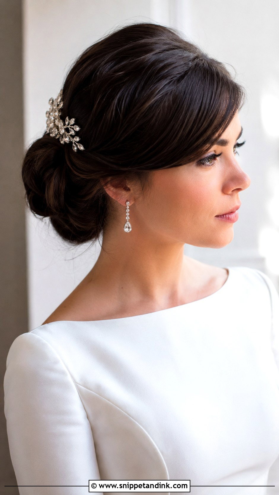 Low Bridal Updo With Side Bangs - Snippet and Ink - 15 Long Face Bridal Hairstyles