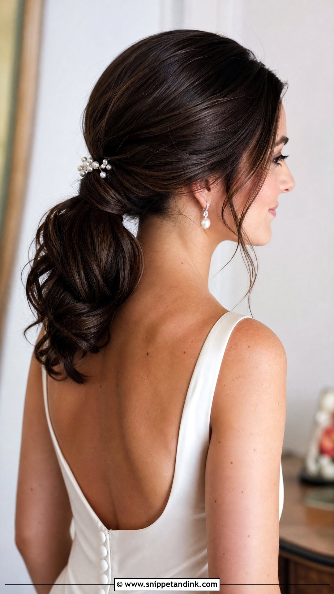 Low Brunette Bridal Ponytail - Snippet and Ink - 15 Brunette Bridal Ponytail Hairstyles