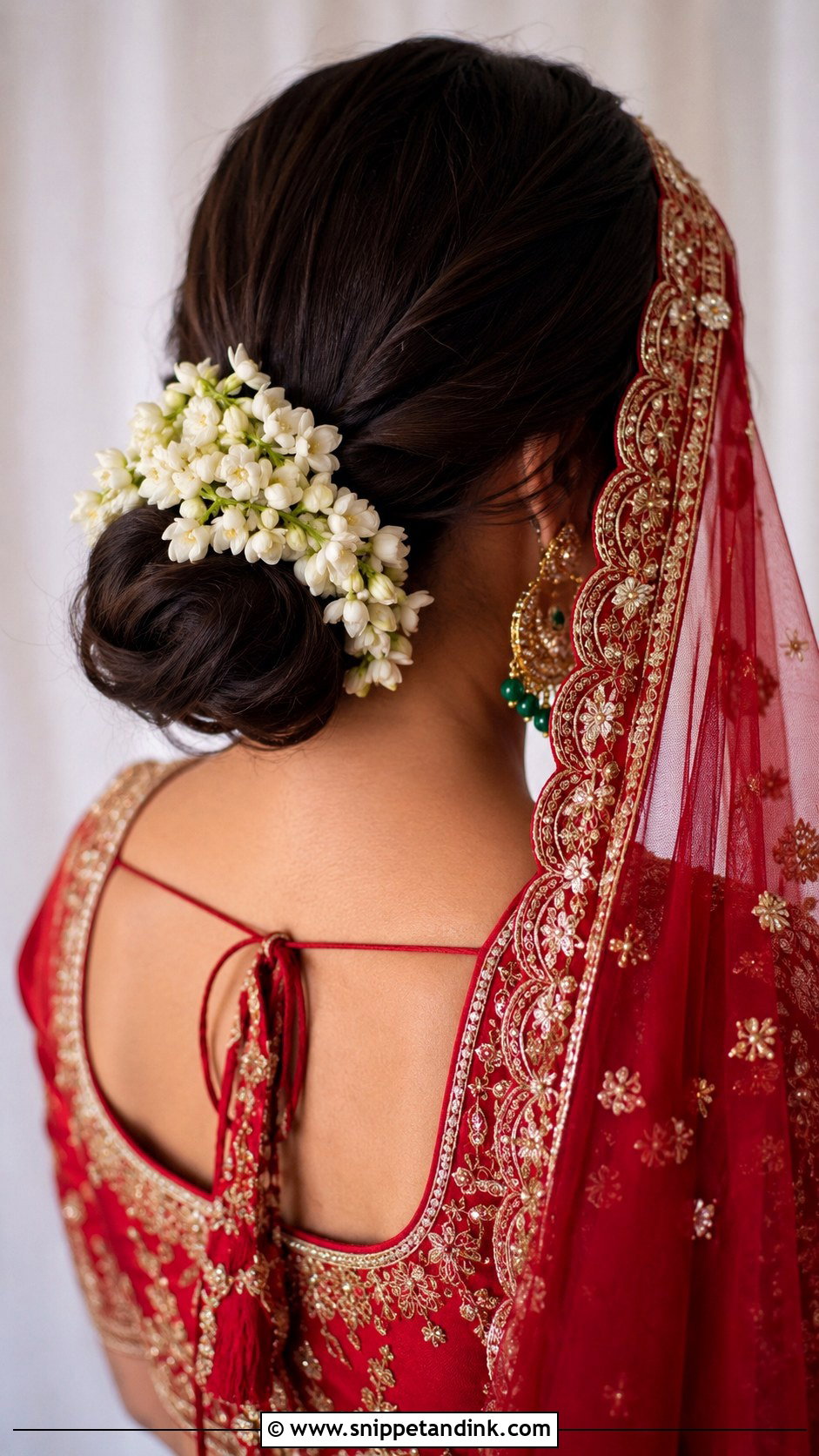 Low Bun Bridal Hairstyle With Dupatta - Snippet and Ink - 20 Indian Bridal Hairstyles with Dupatta