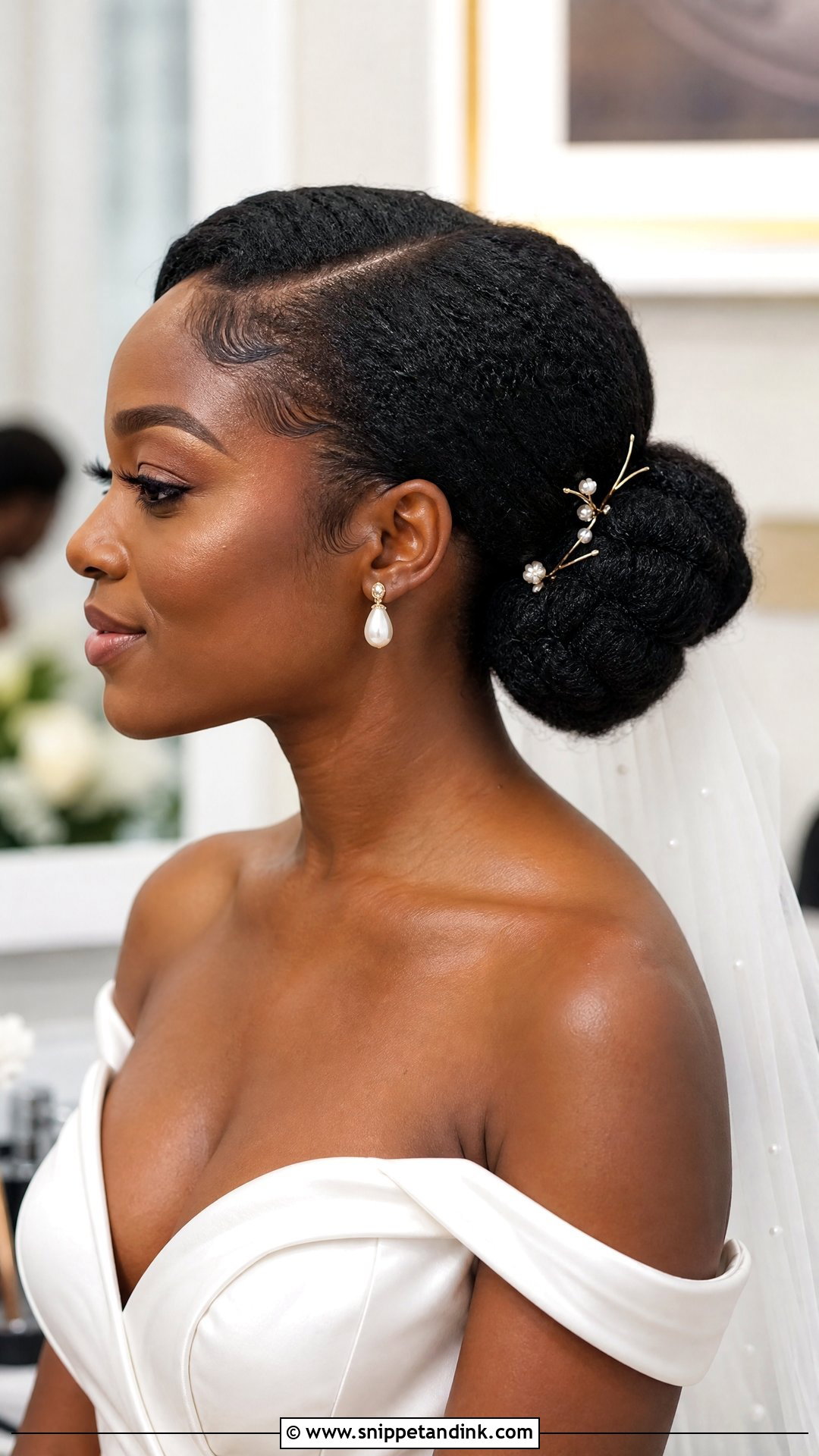 Low Bun Bridal Hairstyle for Natural Hair - Snippet and Ink - 20 African Bridal Hairstyles