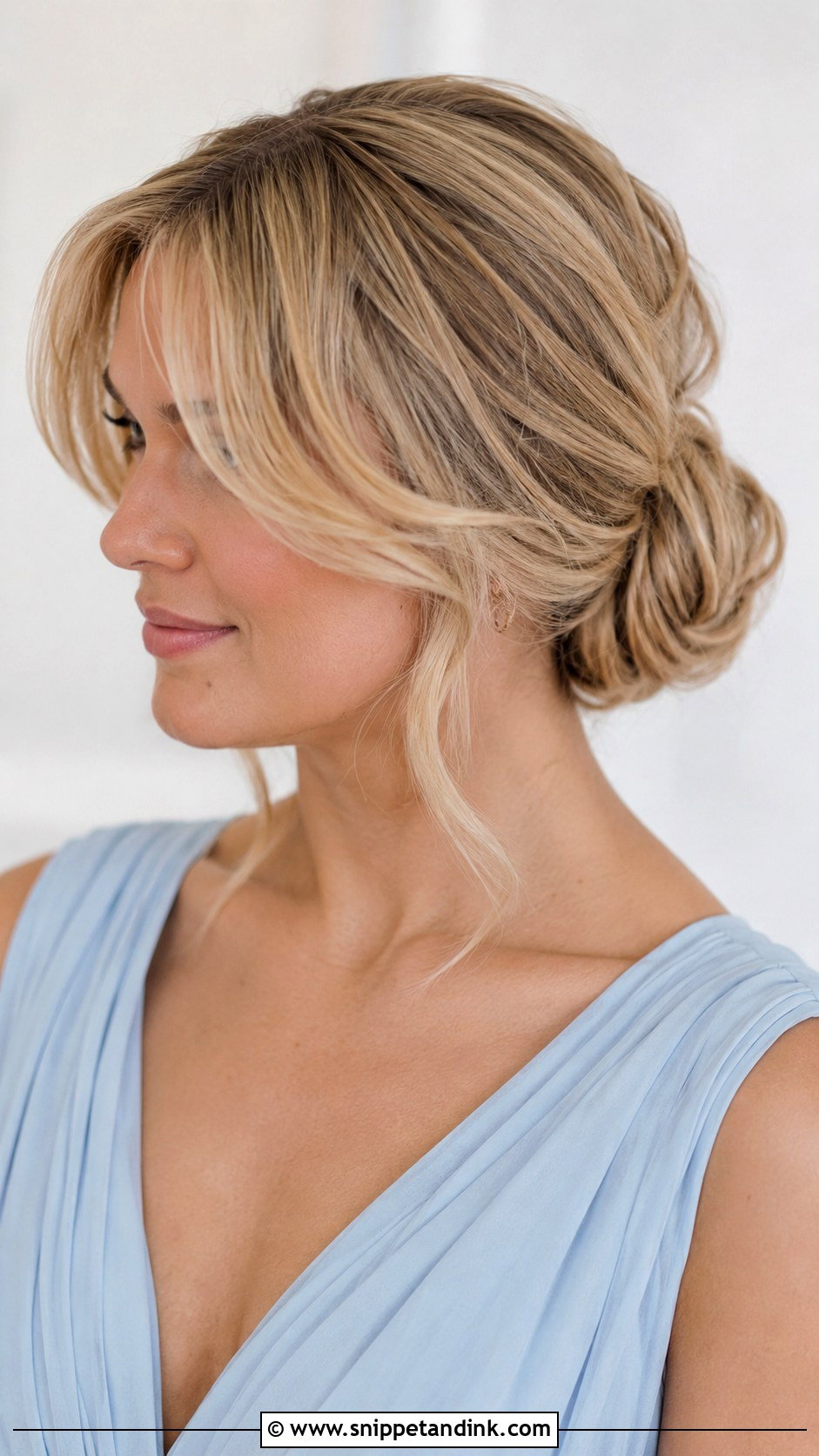 Low Bun Bridesmaid Hair With Curtain Bangs - Snippet and Ink - 20 Bridesmaid Hair Low Bun Ideas
