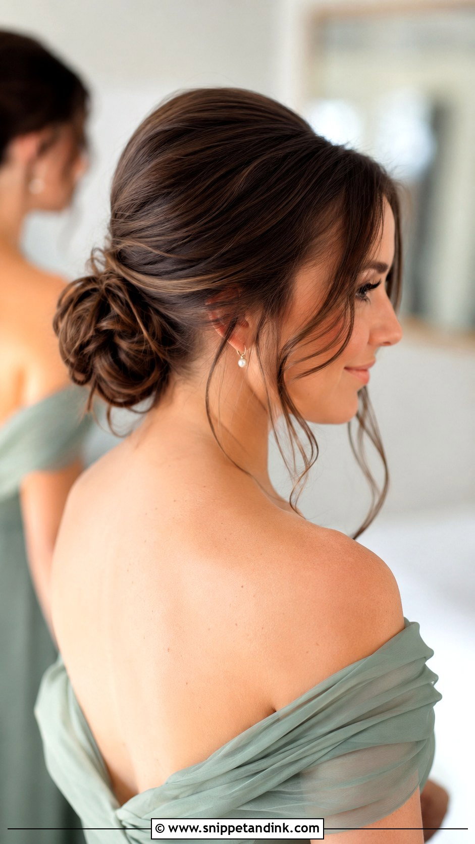 Low Bun Bridesmaid Hairstyle With Off Shoulder Dress - Snippet and Ink - 20 Bridesmaid Hairstyles with Off Shoulder Dress