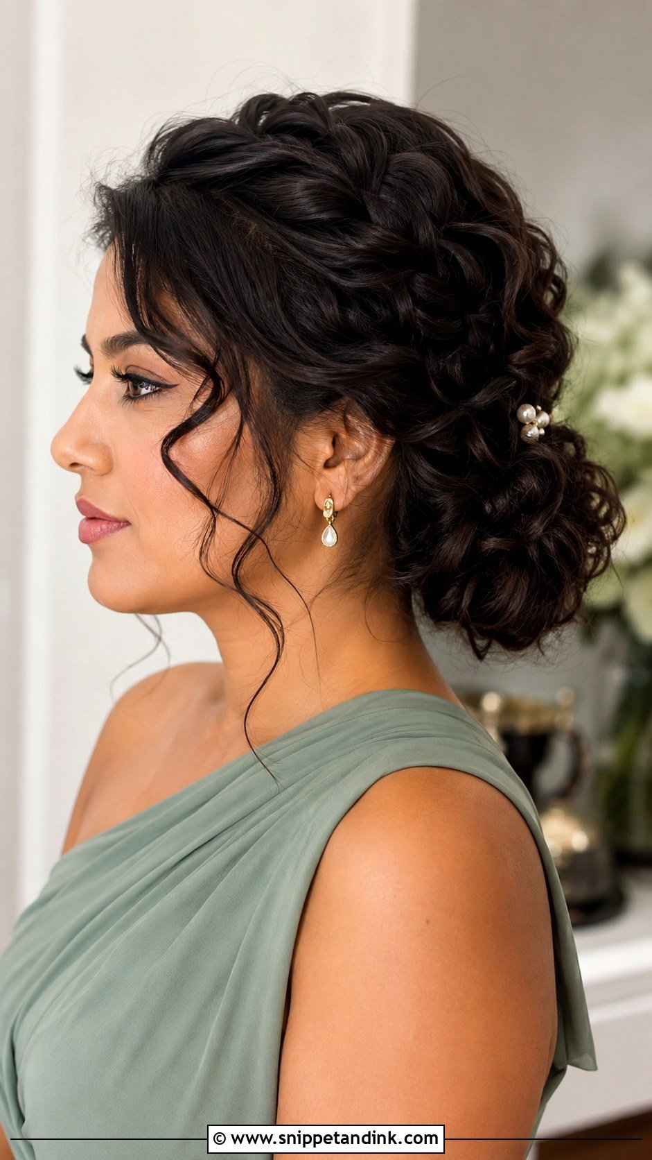 Low Bun Curly Hair For Bridesmaid - Snippet and Ink - 15 Low Bun Curly Hair Wedding Ideas