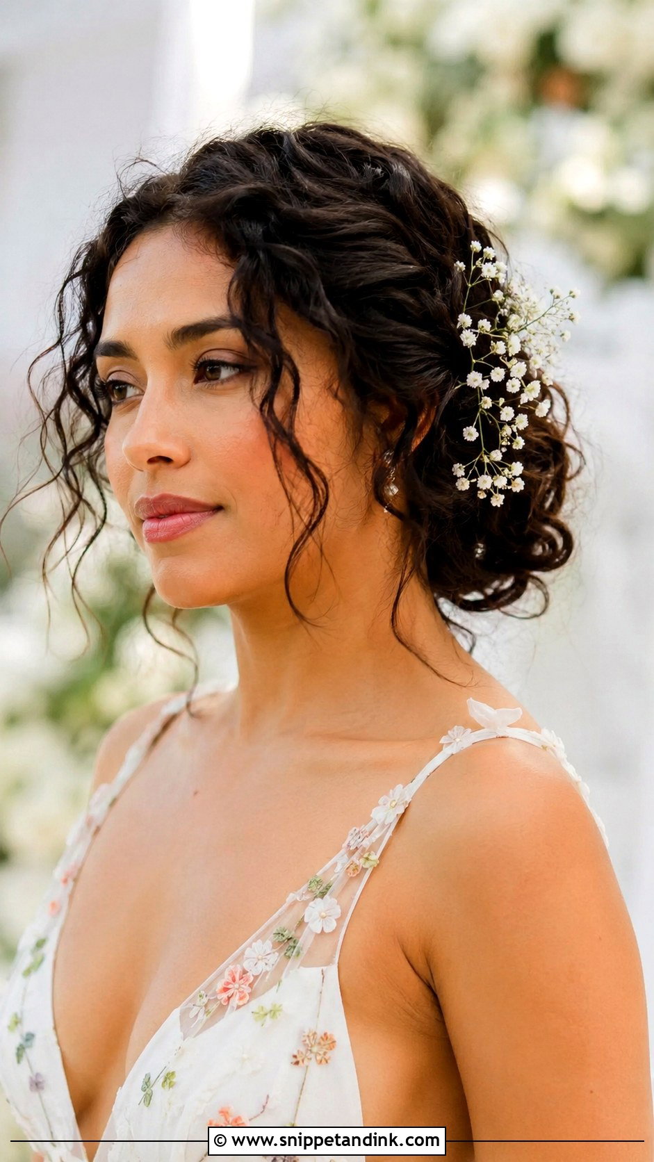 Low Bun Curly Hair With Flowers - Snippet and Ink - 15 Low Bun Curly Hair Wedding Ideas