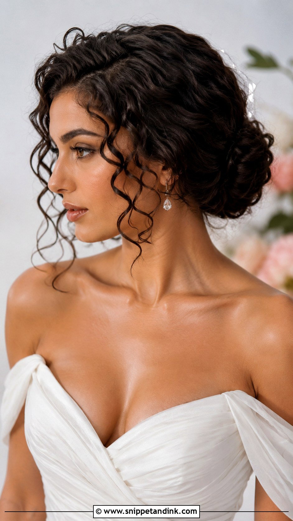 Low Bun Curly Hair With Side Part - Snippet and Ink - 15 Low Bun Curly Hair Wedding Ideas