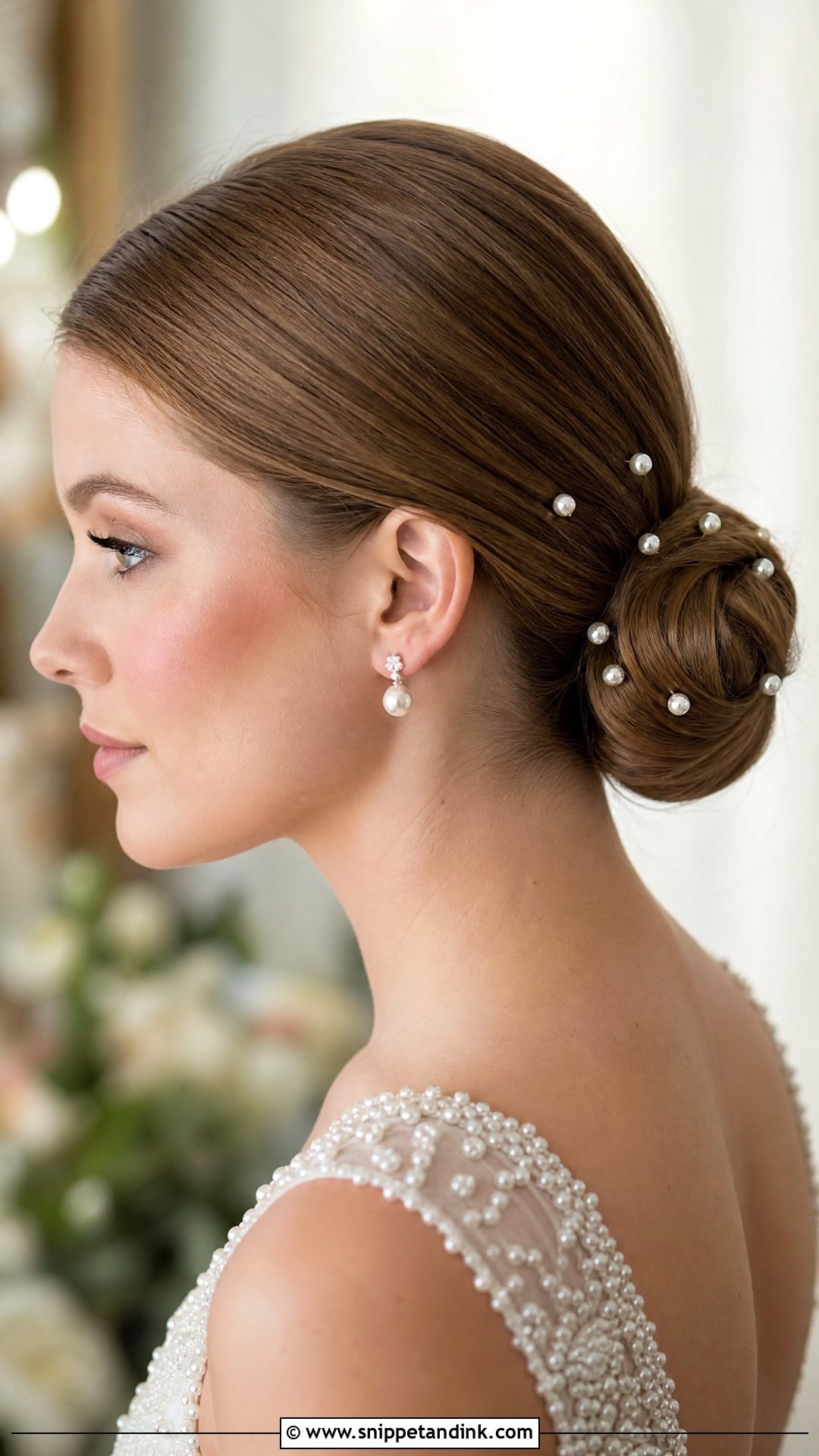 Low Bun Wedding Hair With Pearls - Snippet and Ink - 15 Clean Low Bun Wedding Hair Ideas