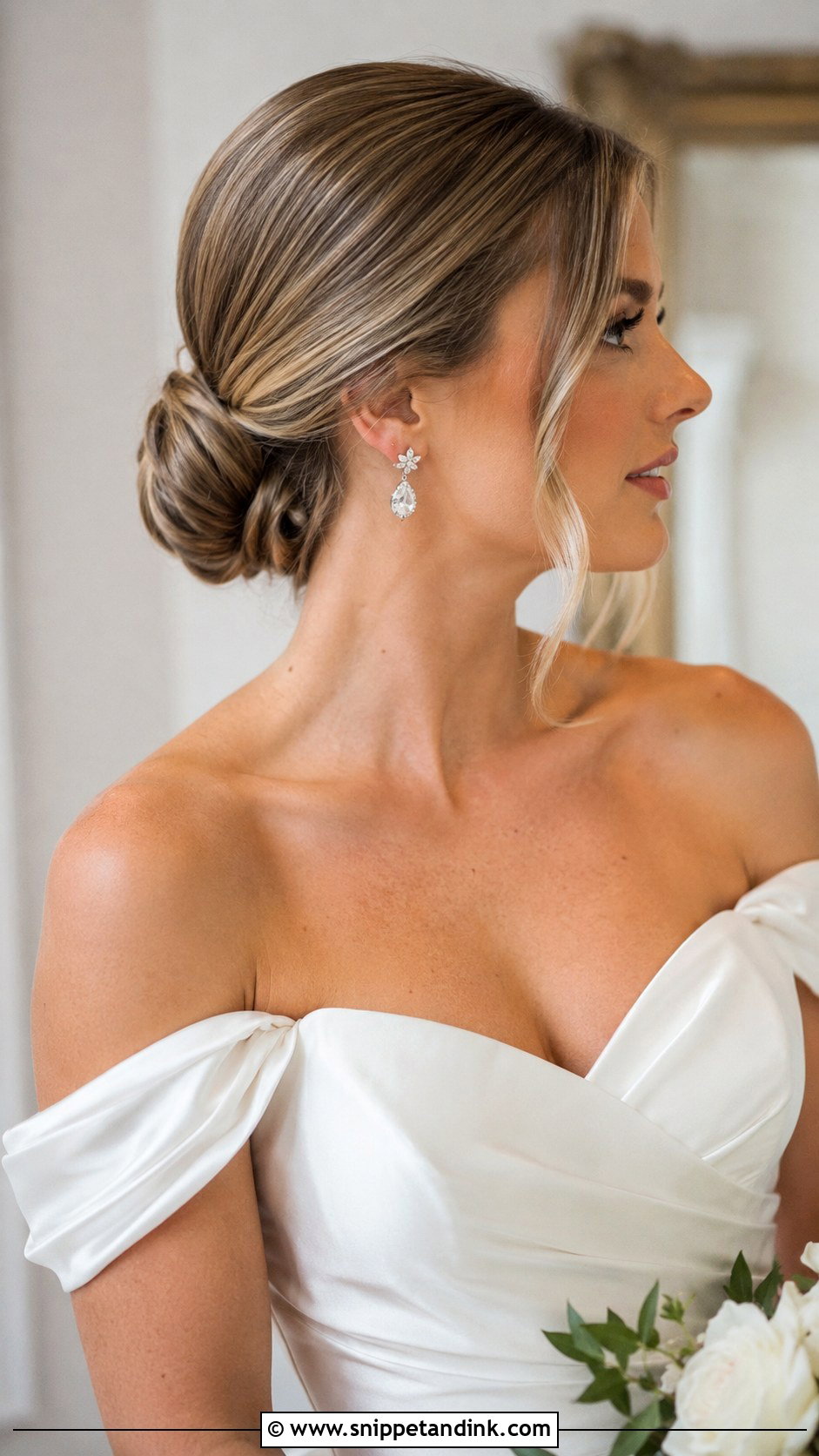Low Bun Wedding Hairstyle - Snippet and Ink - 25 Shoulder Length Bridal Hair Ideas