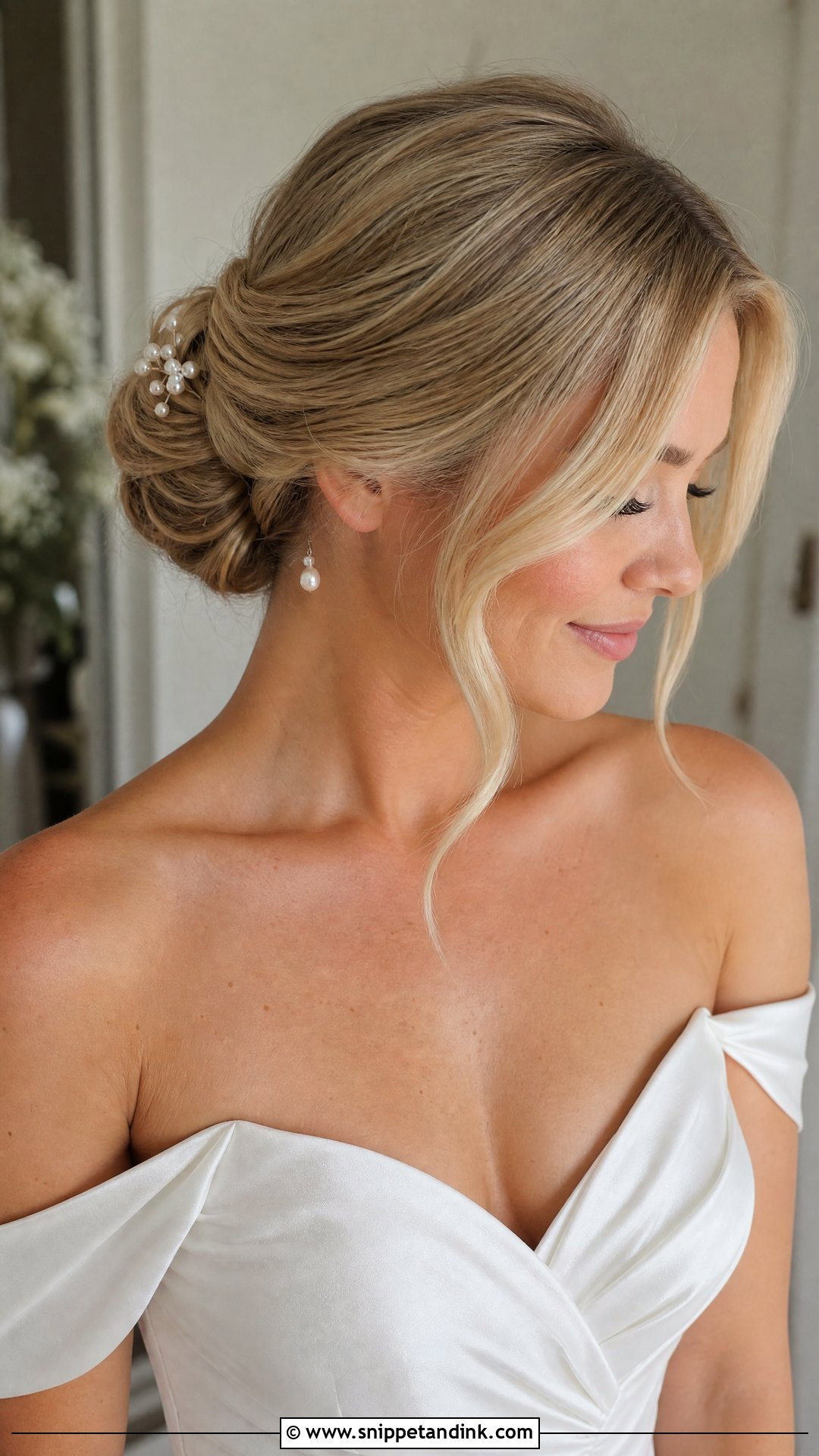Low Bun Wedding Hairstyle For Off Shoulder Dress - Snippet and Ink - 20 Wedding Hairstyles for Long Hair Off Shoulder Dress