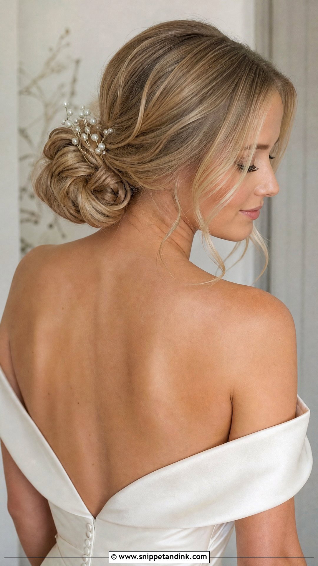Low Bun Wedding Hairstyle For Off The Shoulder Dress - Snippet and Ink - 20 Off the Shoulder Wedding Hairstyles