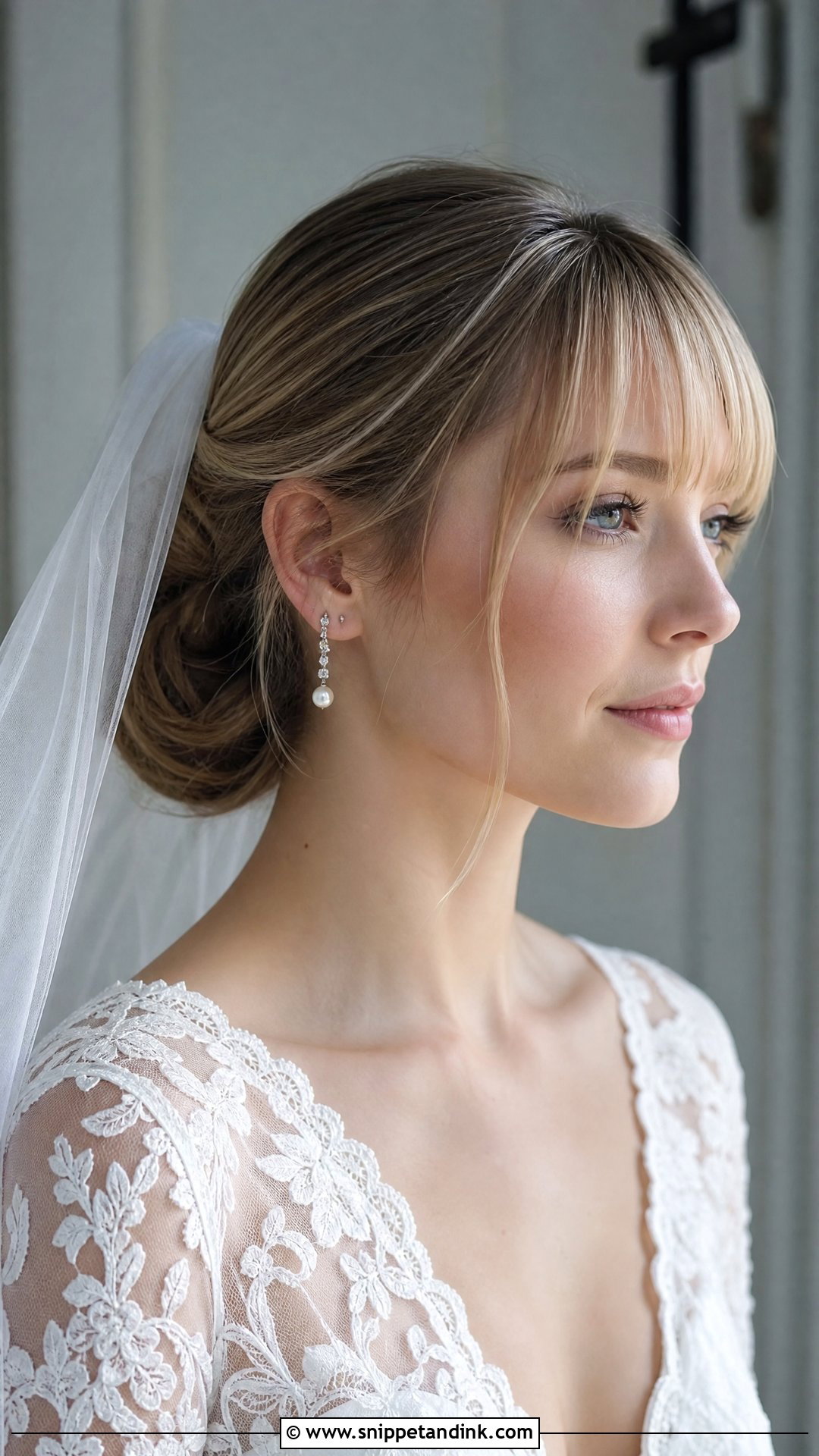 Low Bun Wedding Hairstyle With Bangs - Snippet and Ink - 15 Bang Wedding Hairstyles