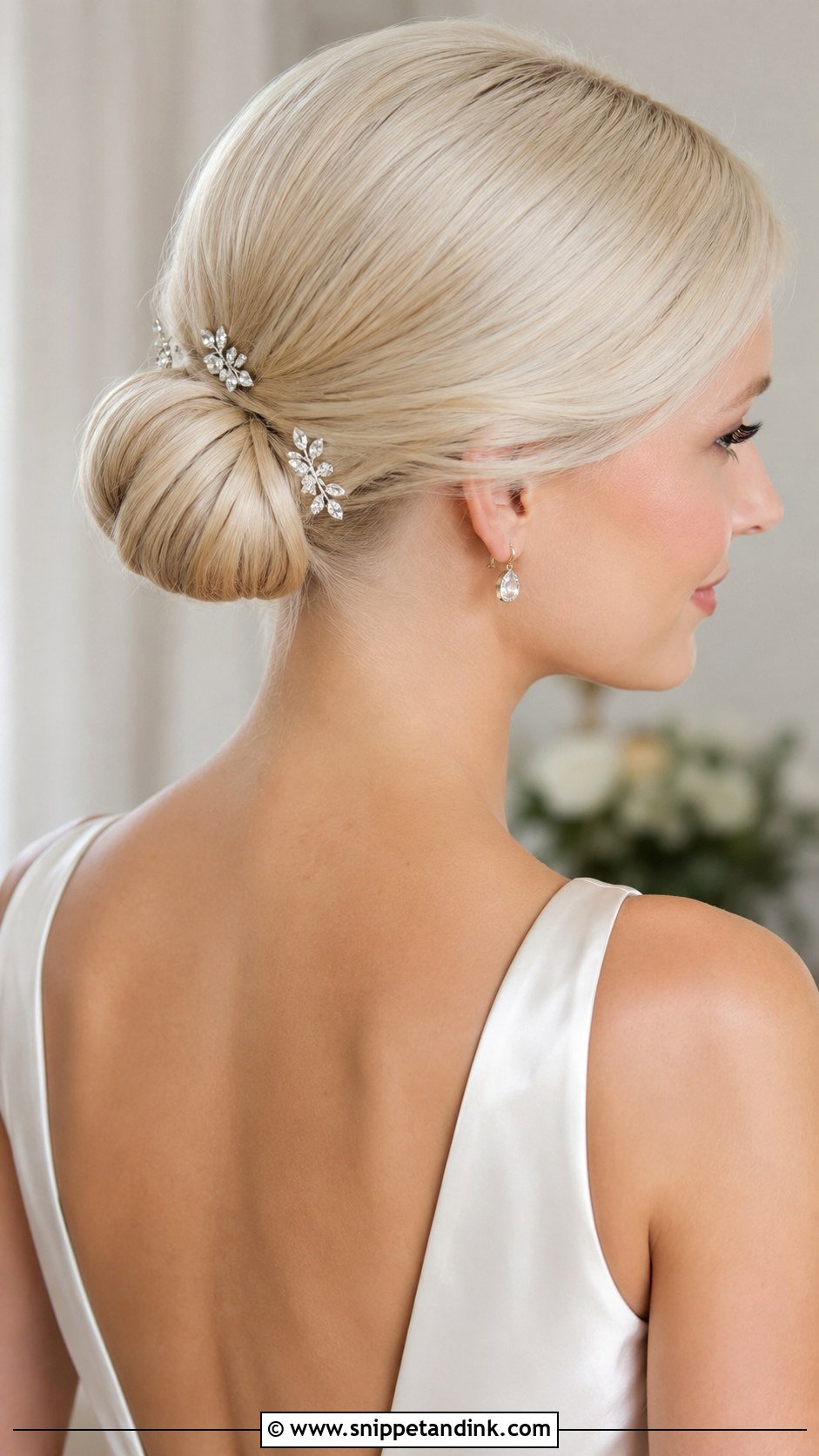 Low Bun Wedding Hairstyle for Platinum Blonde - Snippet and Ink - 25 Blonde Wedding Hairstyles