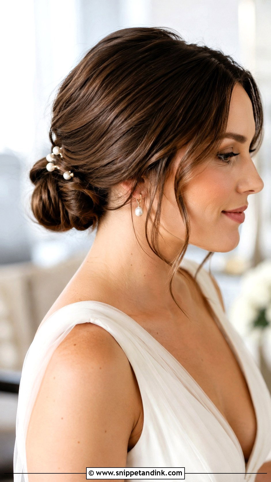 Low Bun Wedding Updo With Curtain Bangs - Snippet and Ink - 15 Wedding Updo with Curtain Bangs Ideas