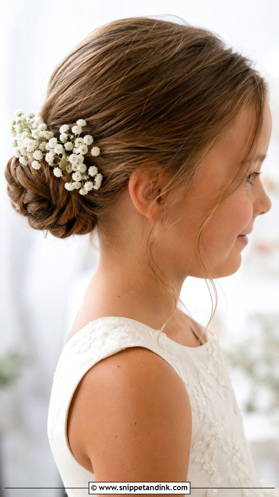 Low Bun With Babys Breath - Snippet and Ink - 25 Childrens Wedding Hair Ideas