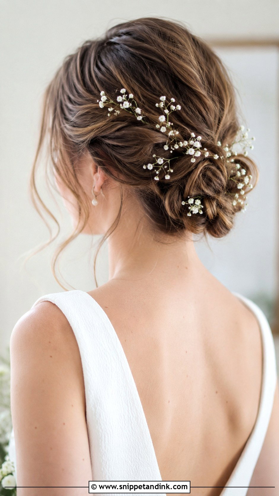 Low Bun With Babys Breath - Snippet and Ink - 25 Christian Bridal Hairstyle Ideas
