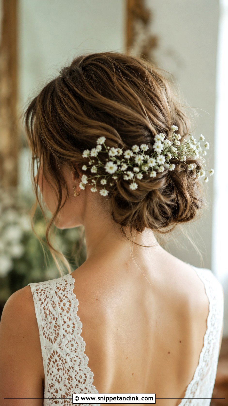 Low Bun With Babys Breath - Snippet and Ink - 25 Loose Low Bun Wedding Hair Ideas