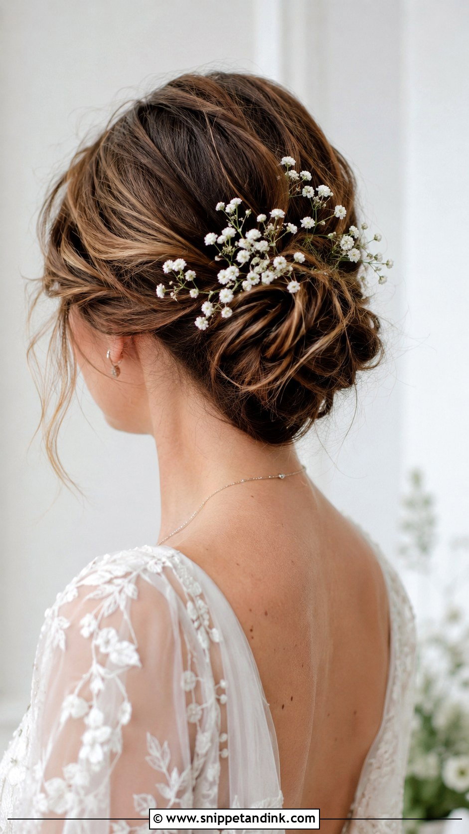 Low Bun With Babys Breath - Snippet and Ink - 25 Low Bridal Bun Ideas