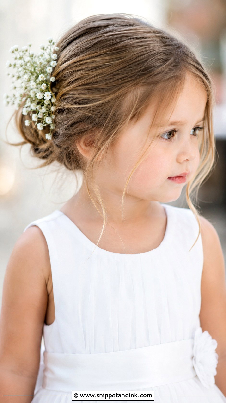 Low Bun With Babys Breath - Snippet and Ink - 25 Toddler Wedding Hair Ideas